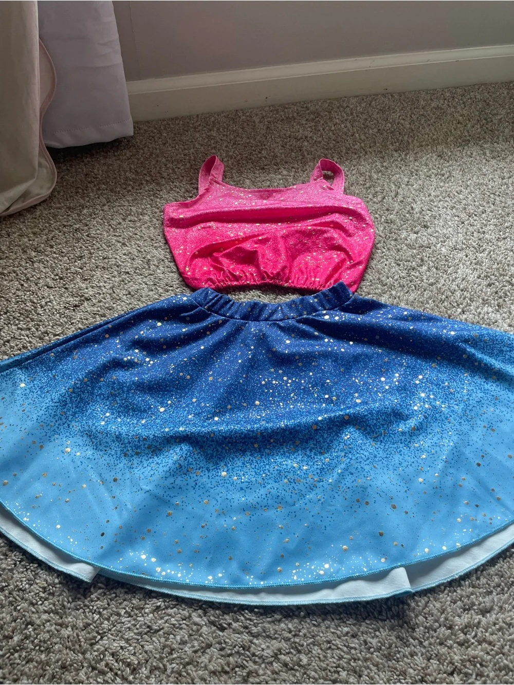 Girls Sparkle Pink Crop Top and Blue Glitter Skirt Costume Set